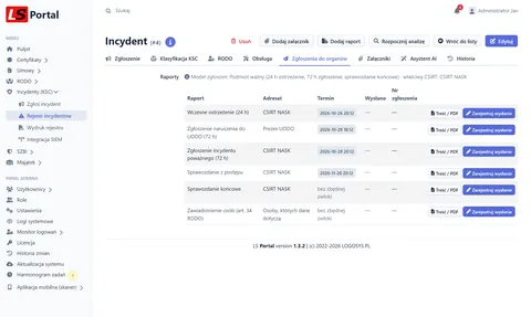 Rejestr incydentów KSC — LS Portal