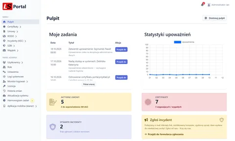 Pulpit z kafelkami modułów i listą zadań — LS Portal
