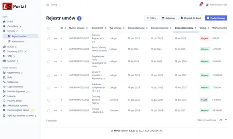 Rejestr umów — LS Portal
