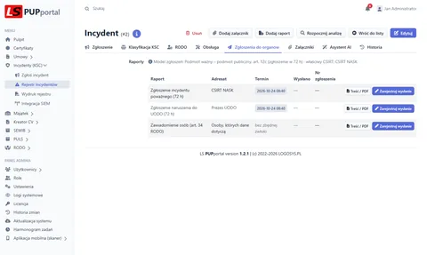 Rejestr incydentów KSC — LS PUPportal