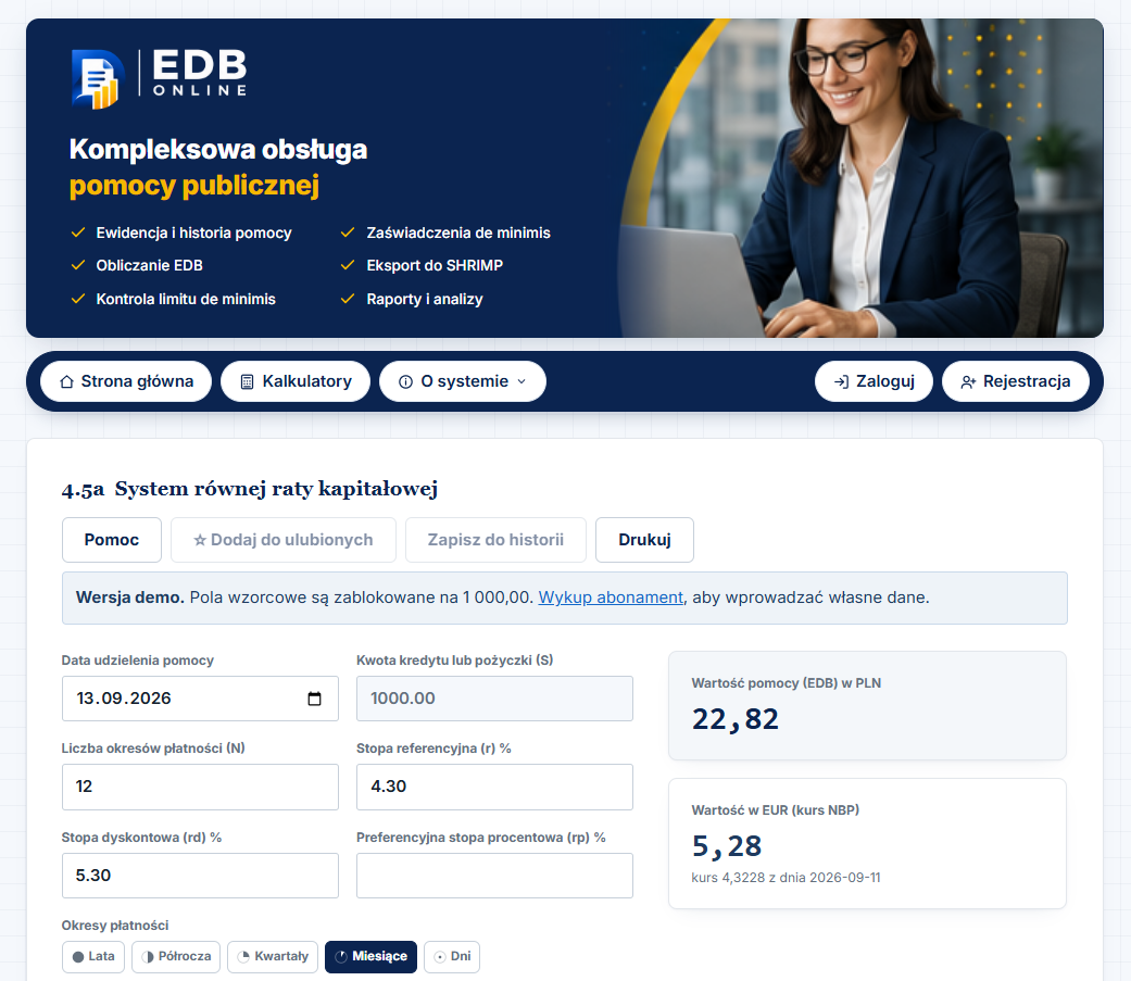 Ekran kalkulatora w systemie EDB ONLINE